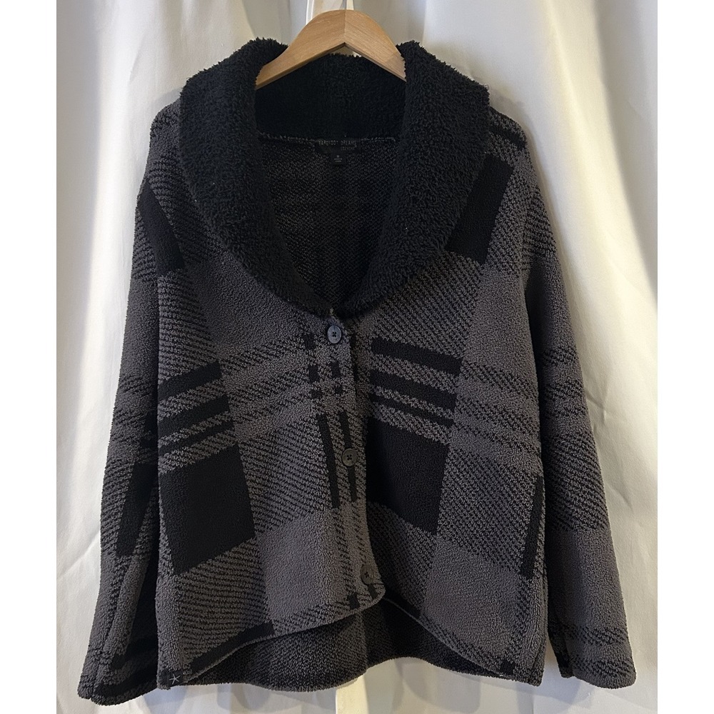 Barefoot Dreams CozyChic Faux-Shearling Cardigan Size M Sweater Black Gray Plaid